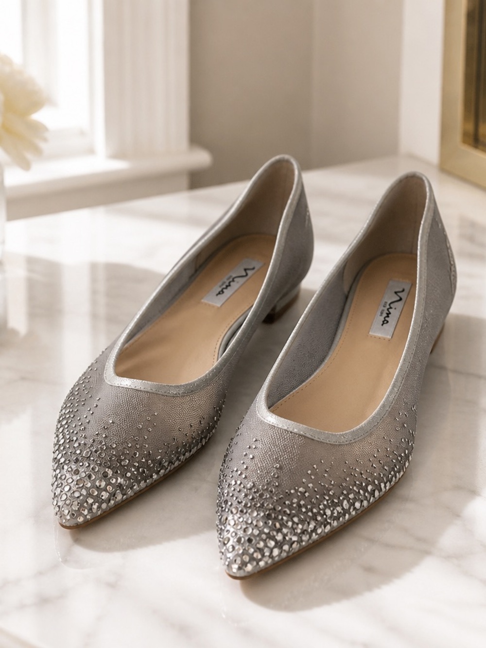 Nina Wendy Ballet Flat ~ Sizev 8.5 ~ Silver Crystal-Embellished Pointed ~ NWOT